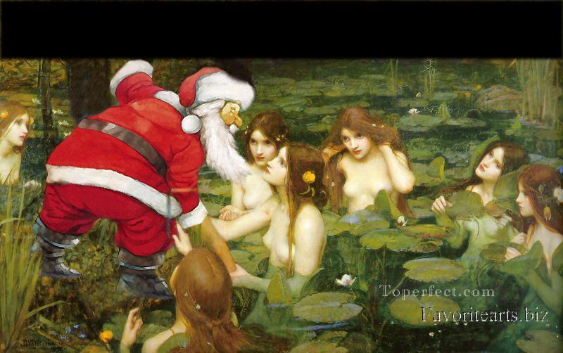 湖の中のサンタクロースと妖精たち 古典の改訂版油絵